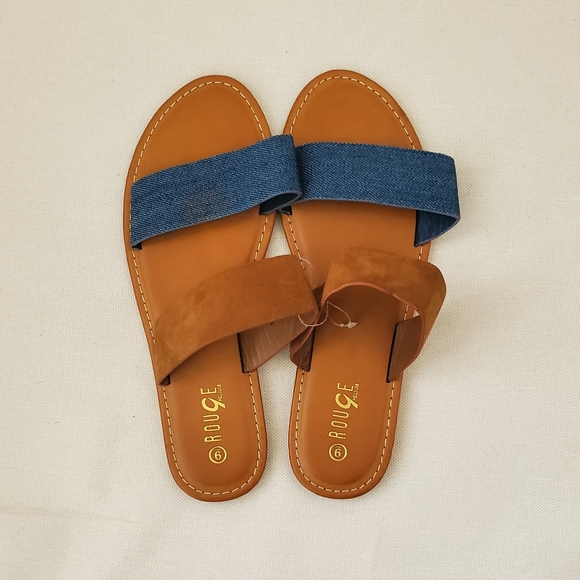 Size 9 Faux Denim and Suede Double Band Sandals - Picture 3 of 3